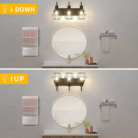 Retro Industrial Bathroom Vanity Light With Cage Shades 3 Light Matte Black Wall Sconce above round mirror