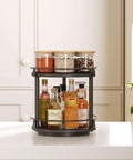 No Fuss Dual Tier Lazy Susan Turntable Gliding On Slick Ball Bearings, Compact Black Spice Rack Organizer For Kitchen Counters And Cabinets, 360 Degree Spinner Tray That Makes Quick Grab Jars A Cinch, showcasing spices and bottles.