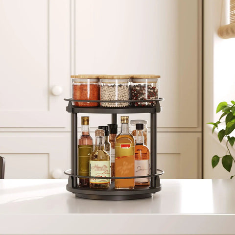 No Fuss Dual Tier Lazy Susan Turntable Gliding On Slick Ball Bearings, Compact Black Spice Rack Organizer For Kitchen Counters And Cabinets, 360 Degree Spinner Tray That Makes Quick Grab Jars A Cinch, showcasing spices and bottles.