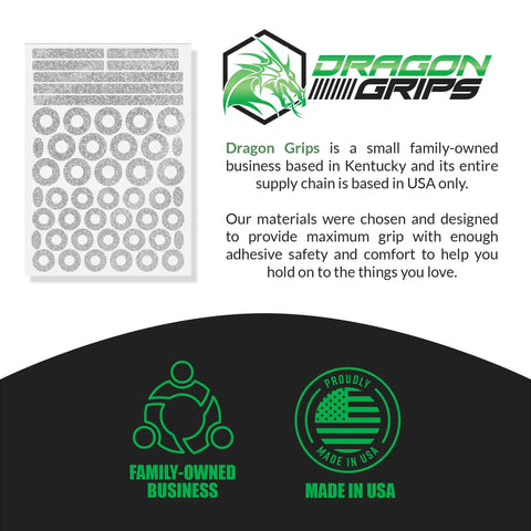 RC Body Clip Hole Protectors 49 Clear PVC Stickers For One-Tenth Scale RC Crawler Bodies, sheet display and Dragon Grips logo.