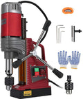 Portable magnetic drill press with adapter, red body; 1.57 in bore, 1450W; includes gloves and hex wrenches.