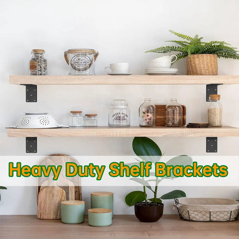 Wooden shelves with decorative items supported by heavy duty L brackets against a white wall.