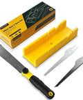 4 Piece Miter Box And Saw Set With A 2.68 By 12 Inch Miter Box And Three Saws displayed with packaging