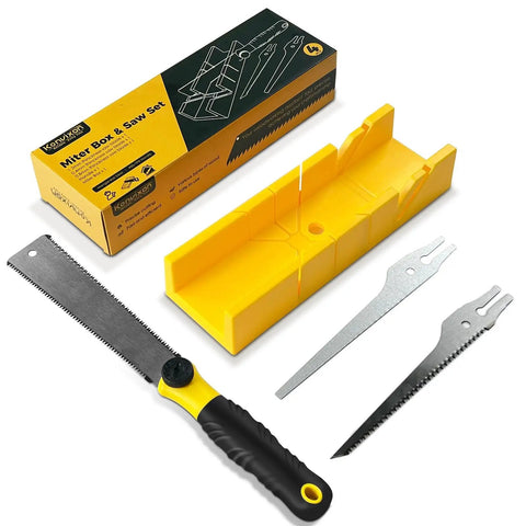 4 Piece Miter Box And Saw Set With A 2.68 By 12 Inch Miter Box And Three Saws displayed with packaging