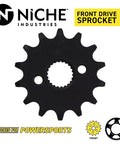Drive Sprocket And Chain Combo For Honda CRF50F XR50R Front 14 Tooth sprocket, black steel, close-up view