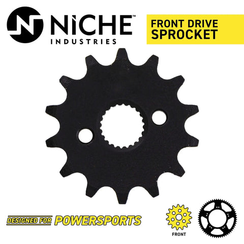 Drive Sprocket And Chain Combo For Honda CRF50F XR50R Front 14 Tooth sprocket, black steel, close-up view