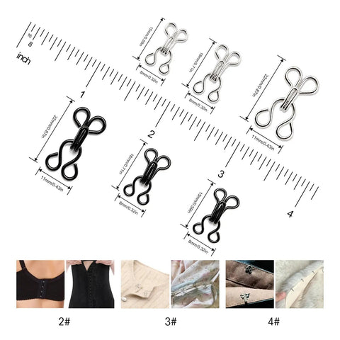 Top Shelf 100 Pair Metal Hook And Eye Fasteners With Hidden Sewing Closures In Black And Silver Rustproof Garment Closures displayed with size measurements.