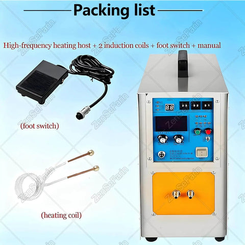 Heavy Duty 15KW Digital High Frequency Induction Heater With Seamless Automatic Temp Control and Tough Water Cooled Design with foot switch and heating coils included.