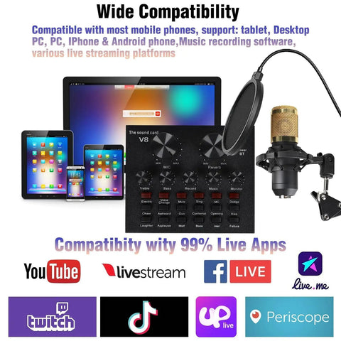 Condenser Microphone Bundle With Live Sound Card, showing devices compatibility with tablets, phones, and streaming platforms.