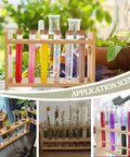 Wooden Test Tube Rack Kit With 12 Hole Holder And 12 Glass Tubes With Cork Stoppers shown in various settings