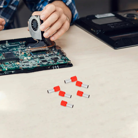 Huge 100 Pack Wire End Terminal Kit With Non Insulated Ferrule Connectors Made From Stainless Steel Plus Plastic To Stop Short Circuits And Boost Electrical Wiring Reliability For DIY Projects And Car Repairs, red ferrules on desk