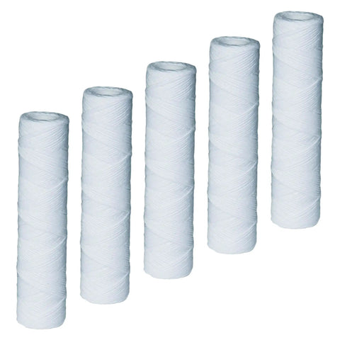 5 Pack 10 Inch By 2.5 Inch Sediment Water Filter Cartridges 5 Micron Replacement For 1SS Whole House System displayed vertically.