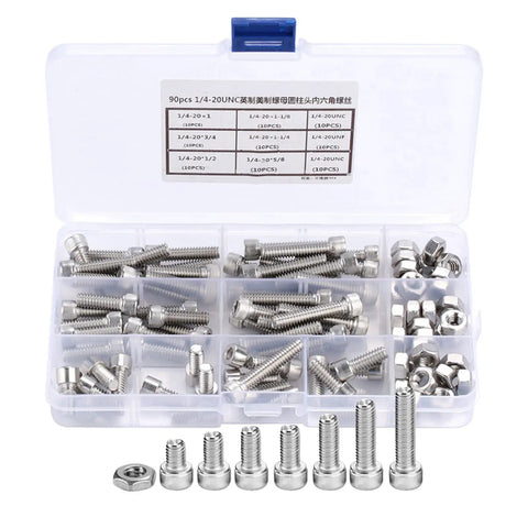 Top Notch 90 Piece Stainless Steel Hex Cap Screw Assortment Kit With Matching Nuts Includes 1/4 20 UNC Size Plus Rust Proof 304 Build For Heavy Duty Home Auto And Outdoor Repair Projects Guaranteed To Perform, case with assorted screws and nuts