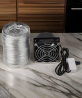 Super Handy Usb Adjustable Soldering Fume Extractor Smoke Absorber Fan With Duct Pipe, duct coil and fan unit on countertop.