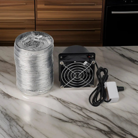 Super Handy Usb Adjustable Soldering Fume Extractor Smoke Absorber Fan With Duct Pipe, duct coil and fan unit on countertop.