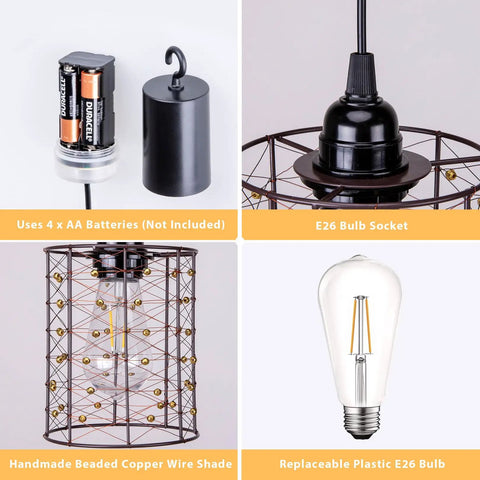 Super Lit Battery Operated Hanging Chandelier Crafted From Twisted Copper And Glowing Gold Beads 5By6 Inch Pendant Lamp components, battery and light socket.