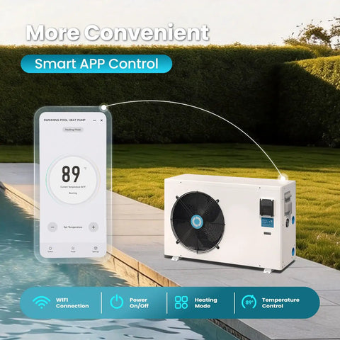 No Sweat Inverter Swimming Pool Heat Pump With Smartphone WiFi Sync And Automatic Defrost Featuring Turbo X Dual Climate Settings For Up To Twenty Three Thousand Gallon Backyard Vibes