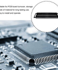 Close-up of microchip with inset image of 2 Pack Anti Static PCB Tray Racks With 25 Slots ESD Safe Bar Brackets Straight Type Turnover Shelves