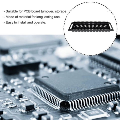Close-up of microchip with inset image of 2 Pack Anti Static PCB Tray Racks With 25 Slots ESD Safe Bar Brackets Straight Type Turnover Shelves