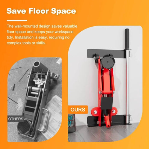 Wall Mounted Floor Jack Stand Storage For Racing Jacks 1.5 To 3 Tons, Universal Wall Rack Mount Brackets, installed view