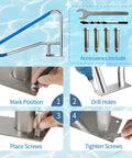 Smooth Sail Setup Hella Sturdy 304 Stainless Steel Inground Pool Handrail Safety Grab Bar installation steps including tools and screws.