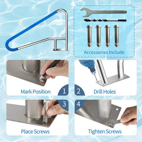 Smooth Sail Setup Hella Sturdy 304 Stainless Steel Inground Pool Handrail Safety Grab Bar installation steps including tools and screws.