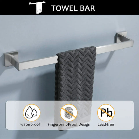 Five Piece Brushed Nickel Towel Bar Set For Modern Bathrooms Stainless Steel Wall Mounted 23.6 Inch Square Hardware Kit