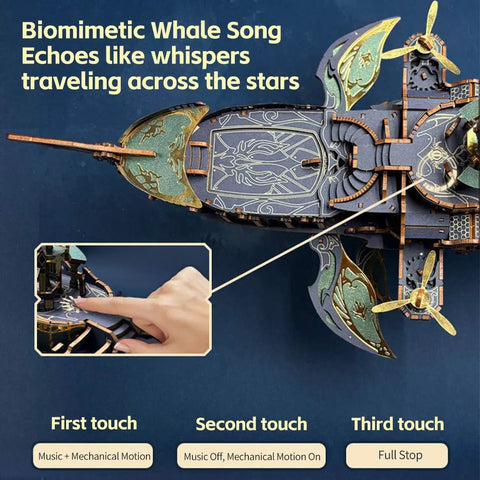 Close-up of Epic 3D Steampunk Whale Airship Wooden Model Kit with light and motion music controls.