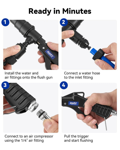 Premium Heavy Duty Coolant Flush Gun Radiator Cleaning Kit installation steps for quick setup and use in DIY garage.