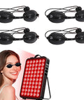 Straight Up The Best Red Light Therapy Glasses With Half Clear Lenses Offer Top Shelf Eye Protection For Tanning Beds By Blocking UV And Infrared Waves While Giving You Solid Coverage And Zero Fuss During Every Session. Four pairs seen with red light device.