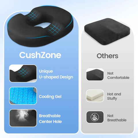 Comparison of CushZone donut pillow seat cushion with cooling gel and memory foam versus other cushions