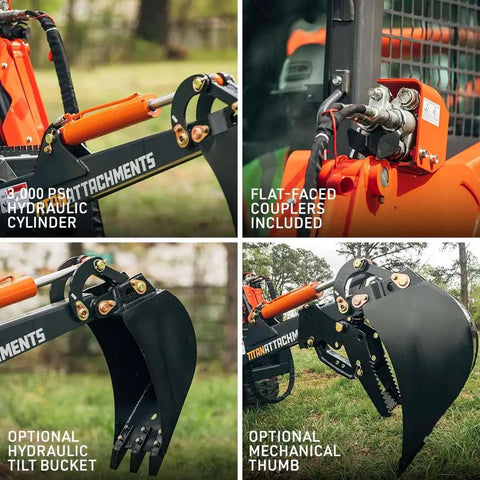 Skid Steer Fronthoe Attachment With 14 Inch Bucket And Bolt On Backhoe Thumb For Universal Quick Attach, Beefed Up Excavator Attachment For Bobcat Loaders, Includes Hoses And Flat Faced Couplers, Greaseable Pins, 6 Ft Dig Depth