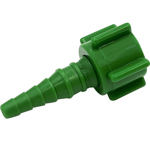 Green plastic oxygen tubing swivel nipple Christmas-tree connector, side view