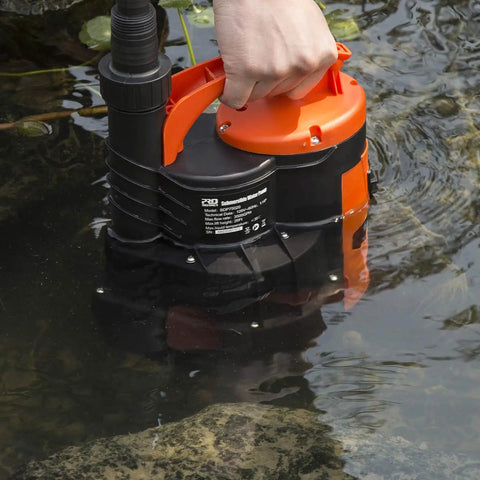 One Half HP Submersible Sump Pump 2110GPH Portable Electric Water Pump With Built-In Float Switch for pool drainage shown in water