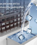 Portable Evaporative Air Cooler With Massive Water Tank And Two Frozen Ice Packs For Quick Room Chill, adding ice for enhanced cooling effect.