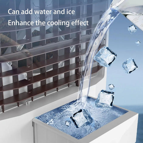 Portable Evaporative Air Cooler With Massive Water Tank And Two Frozen Ice Packs For Quick Room Chill, adding ice for enhanced cooling effect.