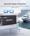 Beefy 2000W 24V Pure Sine Wave Inverter with boat in background, shown with GFCI for electrical safety, built for marine use.