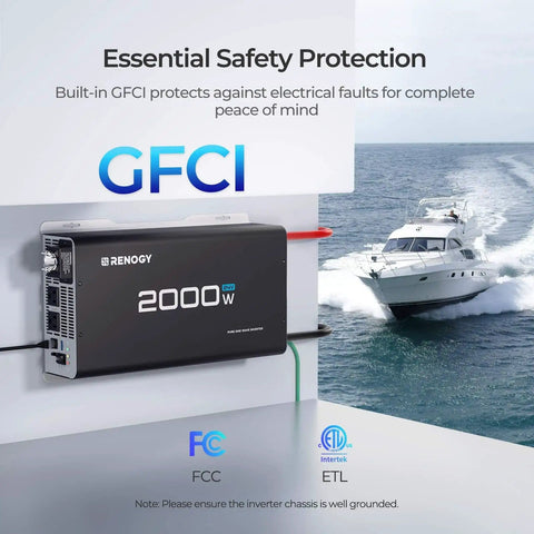 Beefy 2000W 24V Pure Sine Wave Inverter with boat in background, shown with GFCI for electrical safety, built for marine use.