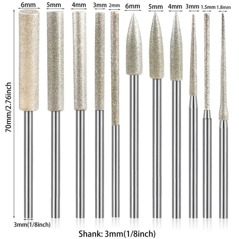 Diamond Grinding Burr Drill Bit Set For Rotary Tools, 11-Piece Pro Grade Polishing Kit with 1/8 Inch Shank displayed vertically.