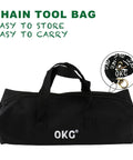 Black OKG chain tool bag with handles, easy to store and carry, holds Ultra Security Chain Beefy Heavy Duty Four Foot By Half Inch Hardened Alloy Steel Links With 63.3 HRC Surface Hardness Galvanized And Nylon Sleeve Ideal Anti Theft Chain For Motorcycles E Cargo Bikes Trailers Gates And Garage Security, front view