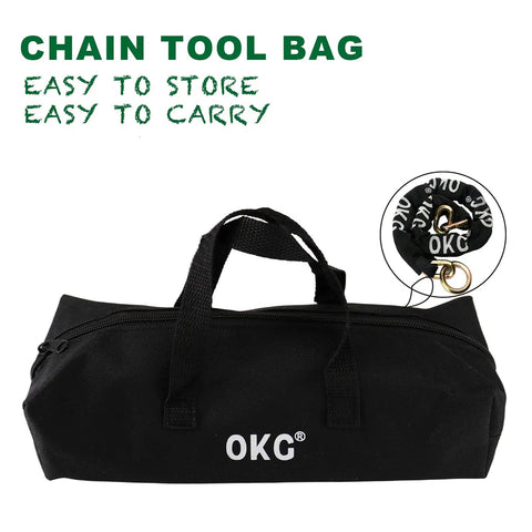 Black OKG chain tool bag with handles, easy to store and carry, holds Ultra Security Chain Beefy Heavy Duty Four Foot By Half Inch Hardened Alloy Steel Links With 63.3 HRC Surface Hardness Galvanized And Nylon Sleeve Ideal Anti Theft Chain For Motorcycles E Cargo Bikes Trailers Gates And Garage Security, front view