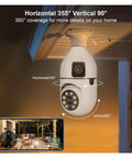 Dual Lens Indoor Wireless Security Camera Featuring Straight Up Crystal Clear Video And Kickass 360 Pan Tilt With Full Color Night Vision Smooth Dual Band WiFi Streaming And Legit Motion Tracking Alerts For Solid Home Protection, mounted for 355° pan and 90° tilt.