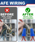 Before and after wiring comparison showing 400 Piece Blue Twist On Wire Connectors Built Tough Electrical Wire Caps for 22 to 14 AWG.