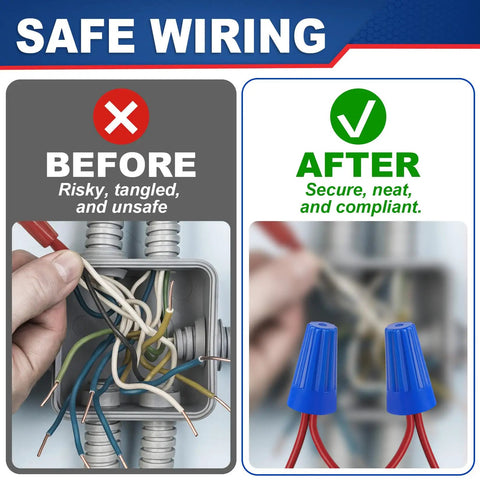 Before and after wiring comparison showing 400 Piece Blue Twist On Wire Connectors Built Tough Electrical Wire Caps for 22 to 14 AWG.