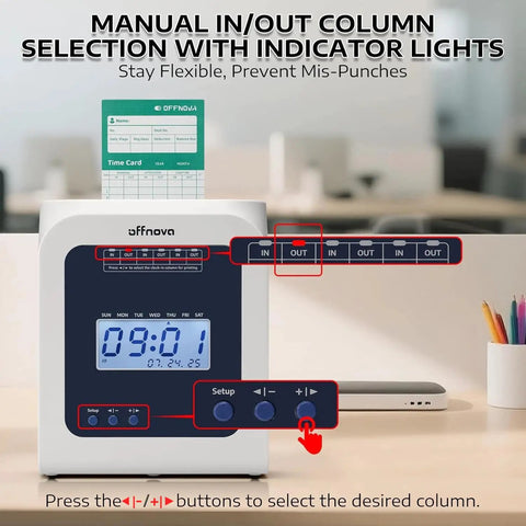 Manual in/out selection on No Sweat Thermal Time Clock For Small Business Crews with clear indicator lights and time display.