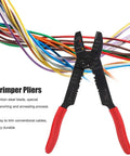 All In One Crimping Pliers Heavy Duty For Wire Terminals with red ergonomic grip and high carbon steel blades, shown with cables