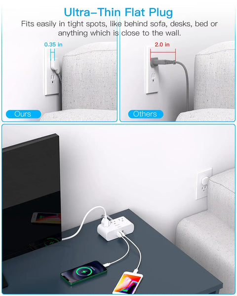 Flat Plug Power Strip Six Feet Ultra Thin Flat Extension Cord With Three Outlets And Three USB Ports Including Two USB C No Surge Protector shown behind sofa comparison
