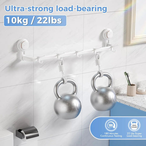 Suction Cup Towel Bar 24 Inch Adjustable No Drill Removable Wall Mounted Towel Rack With 5 Sliding Hooks holding kettlebells