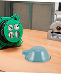 Heavy-Duty Round Machine Tool Lampshade With Protective Cover For Industrial Workbench Lighting, sky blue metal shade on wooden bench.