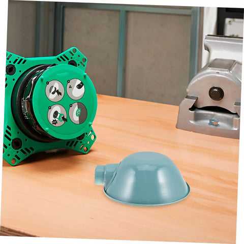 Heavy-Duty Round Machine Tool Lampshade With Protective Cover For Industrial Workbench Lighting, sky blue metal shade on wooden bench.